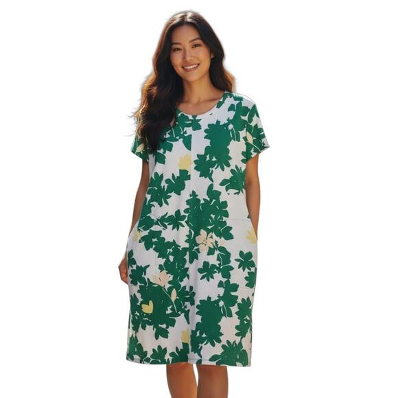 LIZ CLAIBORNE Women's L Dress Shift Green White Tropical Floral Pockets Cotton - Picture 1 of 9